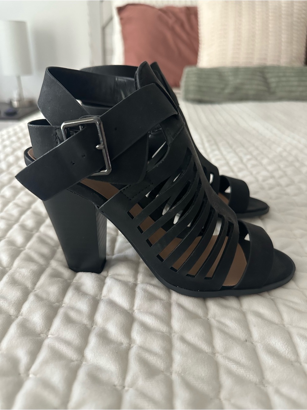Heart in D Black Caged Block Heel Sandals